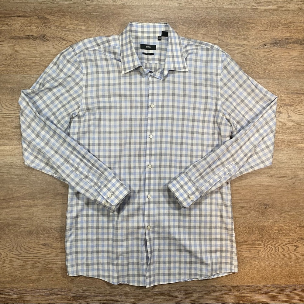 Hugo Boss Men's Dress Shirt Checkered Long Sleeve 16 1/2 34/35 Sharp Fit Blue